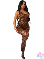 black nylon crotchless body stocking by Black Pearl Intimates open-weave pothole design