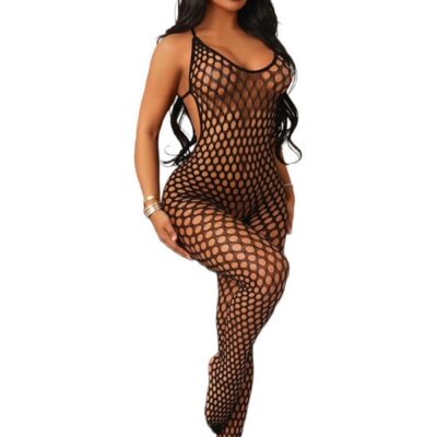 black nylon crotchless body stocking by Black Pearl Intimates open-weave pothole design