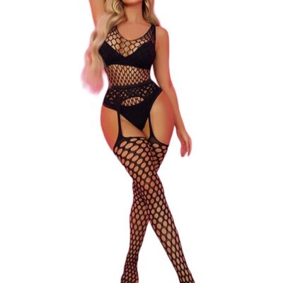 Strappy black teddy with suspender detail by Black Pearl Intimates