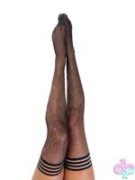 Black fishnet rhinestone Mardi Gras thigh-highs with green purple and gold sparkle details by Kixies