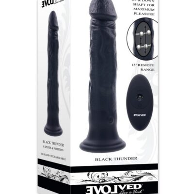 Black Thunder realistic vibrating dildo with moving beads and suction cup base in black by Evolved Novelties