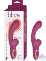 Purple heat-up thumper rabbit massager with G-spot curve and external tapping stimulator on a neutral background