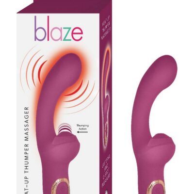 Purple heat-up thumper rabbit massager with G-spot curve and external tapping stimulator on a neutral background
