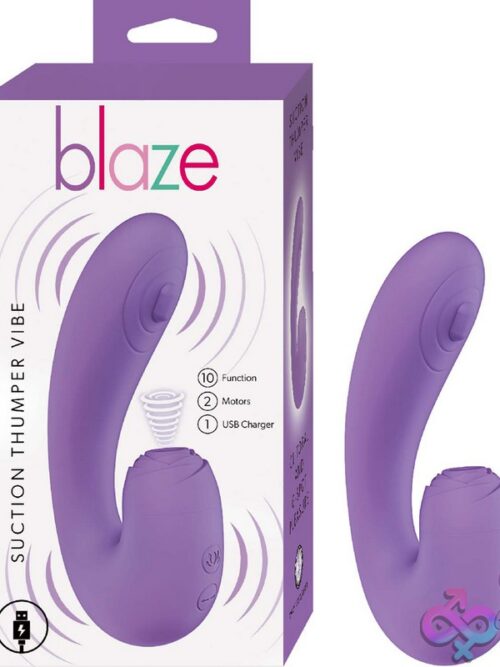 Blaze Suction Thumper Vibe Rabbit-Style Dual Stimulator In Pink And Purple On A Soft Neutral Background