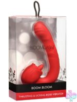 Red thrusting and licking rose rabbit vibrator with flexible neck and ribbed G-spot shaft by Bloomgasm