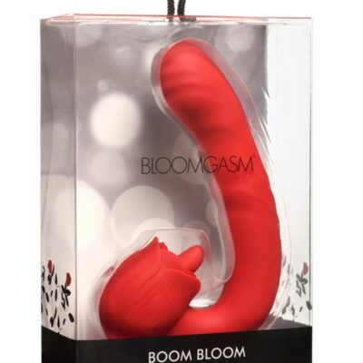 Red thrusting and licking rose rabbit vibrator with flexible neck and ribbed G-spot shaft by Bloomgasm