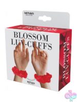 Blossom Luv Cuffs flower handcuffs in black and red with chain and keys on white background