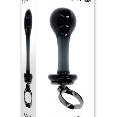 Sleek black borosilicate glass anal plug with aluminum alloy finger ring by Gender X