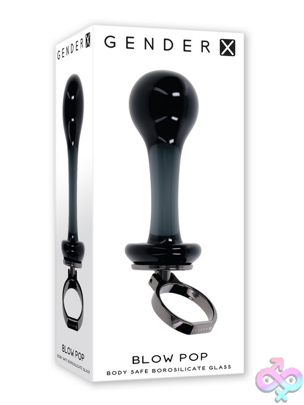Discreet-Toys-Blow-Pop-Nu-Gx-Gl-4127-2 Sleek Black Borosilicate Glass Anal Plug With Aluminum Alloy Finger Ring By Gender X
