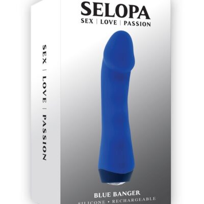 Curved blue g-spot vibrator with wavy textured shaft and heart gem button by Selopa