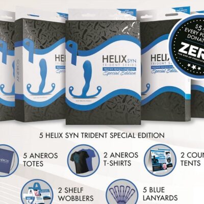 Blue silicone Helix Syn Trident prostate stimulator kit by Aneros