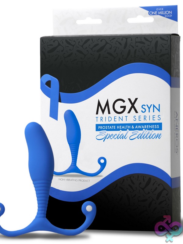 Discreet-Toys-Blue-Mgx-Syn-Trident-Nu-As-7200 Blue Velvet-Touch Silicone Prostate Massager With Ribbed Stem And Pressure Arms By Aneros