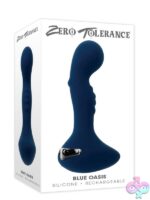 Angled blue vibrating silicone g-spot plug with ergonomic grip handle by Zero Tolerance Toys