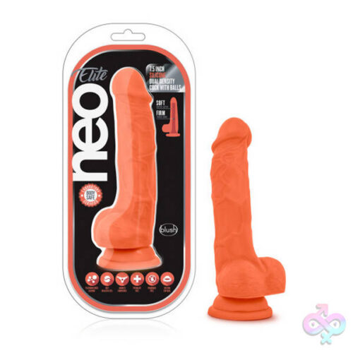 Blush Novelties Sex Toys - Neo Elite - 7.5 Inch Silicone Dual Density Cock  With Balls - Neon Orange