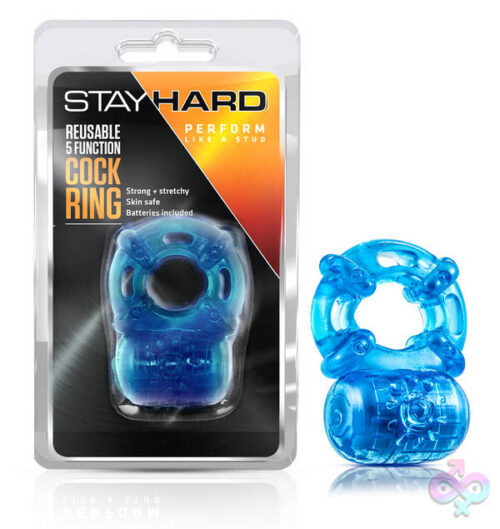 Blush Novelties Sex Toys - Stay Hard Reusable 5 Function Vibrating Cock Ring - Blue