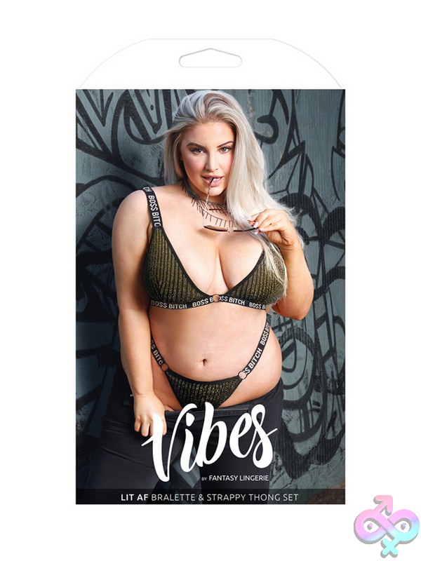 Discreet-Toys-Bo$$-Bitch-Bralette-Set-Queen-Size-Nu-B-Af910-Qs Black And Gold Metallic Rib Knit Bralette And Thong Set Curvy Size By Fantasy Lingerie