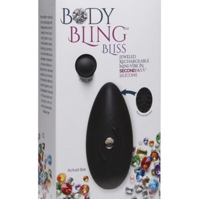 Body Bling Bliss silver mini vibrator in black silicone with rhinestone gem button by Doc Johnson