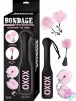 Naughty In Pink beginner bondage kit with pink handcuffs, feather crop, paddle, and nipple clamps by Nasstoys