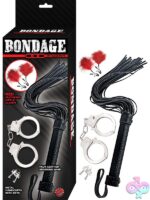 Red beginner bondage kit with metal handcuffs, faux leather flogger, and feathered nipple clamps by Nasstoys