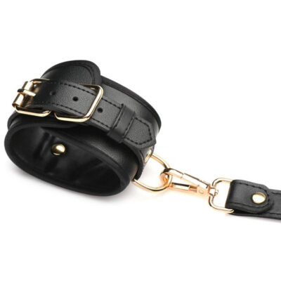 Bondage Harness With Bows pink PU leather set by XR Brands with gold metal buckles