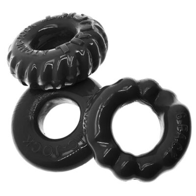 Bonemaker 3 Pack Boner Rings by Oxballs in black — three FLEXtpr cock rings for grip and stretch