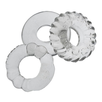 Bonemaker 3 Pack Boner Rings Clear by Oxballs — three flexible FLEXtpr cock rings