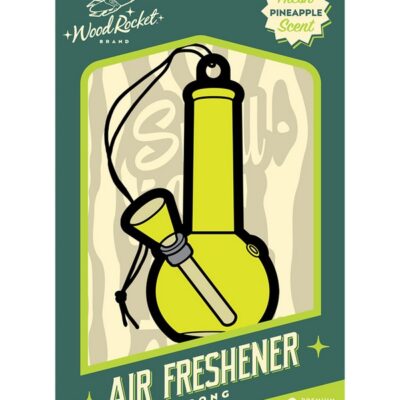 Yellow bong-shaped cardboard air freshener with fresh pineapple scent by Wood Rocket