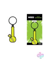 Yellow metal bong enamel keychain by Wood Rocket shown on a key ring