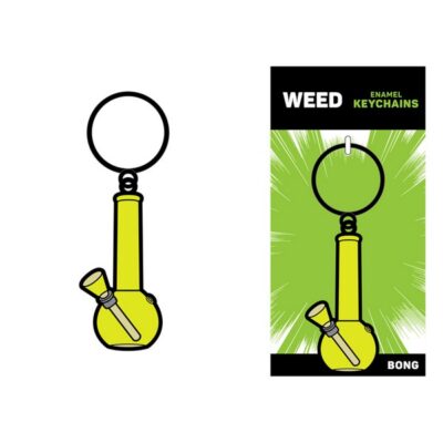 Yellow metal bong enamel keychain by Wood Rocket shown on a key ring