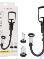 Boundless Body Pump Kit with three black cylinders and silicone donuts by California Exotic Novelties