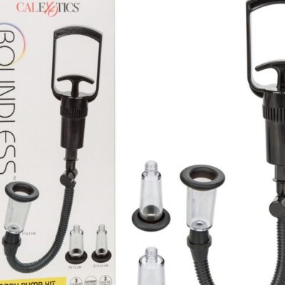 Boundless Body Pump Kit with three black cylinders and silicone donuts by California Exotic Novelties