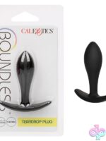Boundless Teardrop Plug in black flexible silicone with easy-pull base by California Exotic Novelties