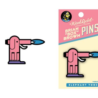 Pink Elephant Torch enamel lapel pin designed by Box Brown on a neutral background