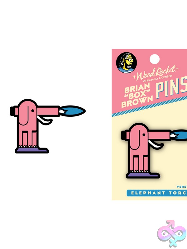 Discreet-Toys-Box-Brown-Elephant-Torch-Pin-Nu-Epw-021 Pink Elephant Torch Enamel Lapel Pin Designed By Box Brown On A Neutral Background