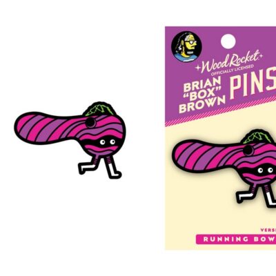 Pink metal enamel lapel pin featuring an anthropomorphic running pipe character designed by Box Brown