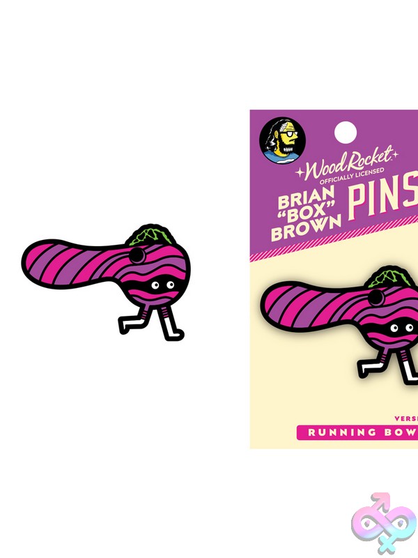 Discreet-Toys-Box-Brown-Running-Bowl-Pin-Nu-Epw-022 Pink Metal Enamel Lapel Pin Featuring An Anthropomorphic Running Pipe Character Designed By Box Brown