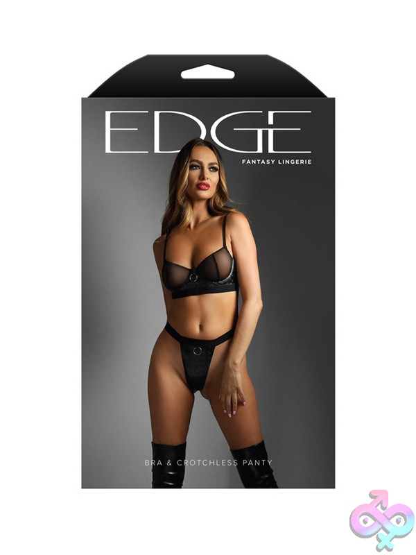 Discreet-Toys-Bra-Crotchless-Panty-M-L-Nu-Eg2408-Ml-B Quilted Wetlook And Mesh Underwire Bra With Crotchless Panty Set In Black By Fantasy Lingerie