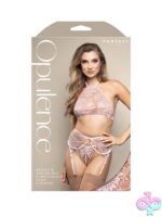 Beige iridescent lace pearl halter bralette, garter belt, and crotchless pearl g-string three-piece lingerie set