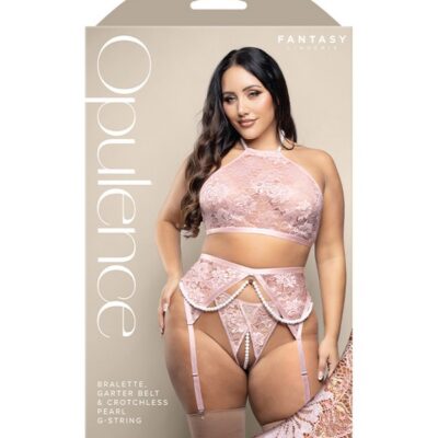 Three-piece crotchless pearl bralette and garter belt set in light pink iridescent lace by Fantasy Lingerie