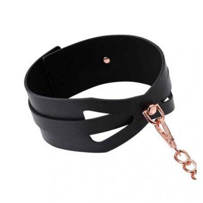 Brat Collar and Leash Black Rose Gold by Sportsheets — faux leather collar with rose gold chain leash