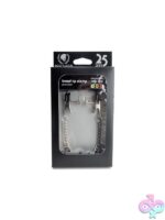 Broad tip adjustable nipple clamp with jewel chain in silver metal and rubber tips by Spartacus