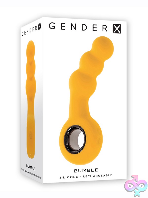 Discreet-Toys-Bumble-Nu-Gx-Rs-5049-2 Bumble Vibrating Anal Beads In Gold Silicone With Chrome Ring Handle By Gender X