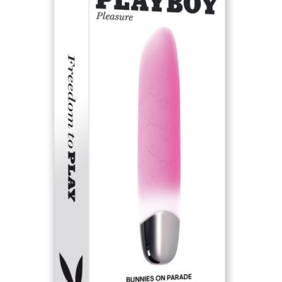Squishy dual-layer pink bullet vibrator with rabbit-head parade print by Playboy Pleasure