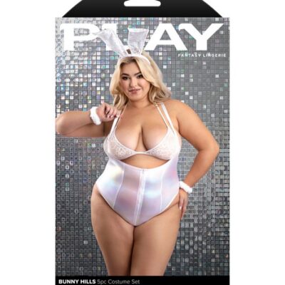 White iridescent 5-piece bunny costume set with lace bralette, wristlets, removable tail and bunny ear headband