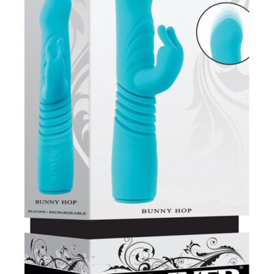 Bunny Hop thrusting rabbit vibrator in blue with suction cup base by Evolved Novelties