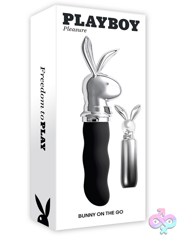 Discreet-Toys-Bunny-On-The-Go-Nu-Pb-Rs-6664-2 Silver Travel Rabbit Vibrator With Ombré Chrome Twist-Lock Case By Playboy Pleasure