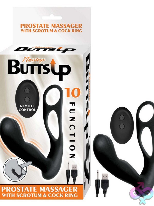 Discreet-Toys-Butts-Up-Prostate-Massager-W-Scrotum-Cock-Ring-Black-Nu-Nw3059 Triple-Zone Black Silicone Prostate Massager With Cock Ring And Wireless Remote By Nasstoys