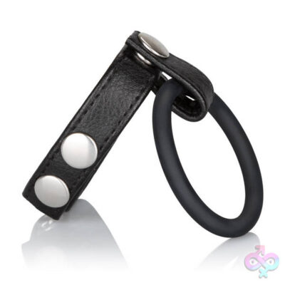 Medium Leather Ball Spreader by CalExotics in black — adjustable strap with steel snaps and rubber ring