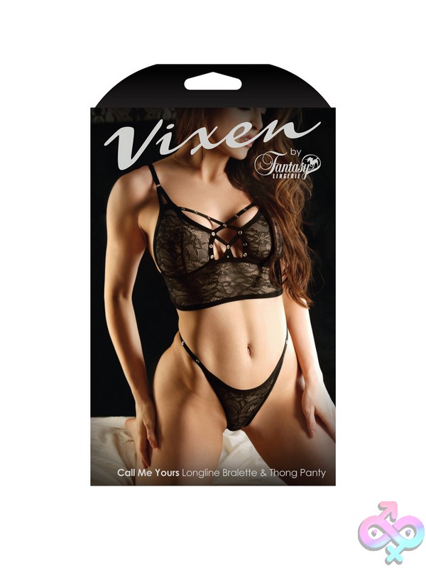 Discreet-Toys-Call-Me-Yours-Longline-Bralette-Thong-Panty-One-Size-Nu-V789-Os-B Black Lace Longline Bralette And Thong Panty Set With Metal Grommet Details By Fantasy Lingerie