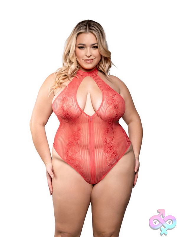 Discreet-Toys-Calliope-Zipper-Teddy-3X-4X-Garment-Only-No-Box-Nu-2433Xcor-3X4X Striped Floral Lace Coral Zipper Teddy In Plus Size 3X/4X By Fantasy Lingerie